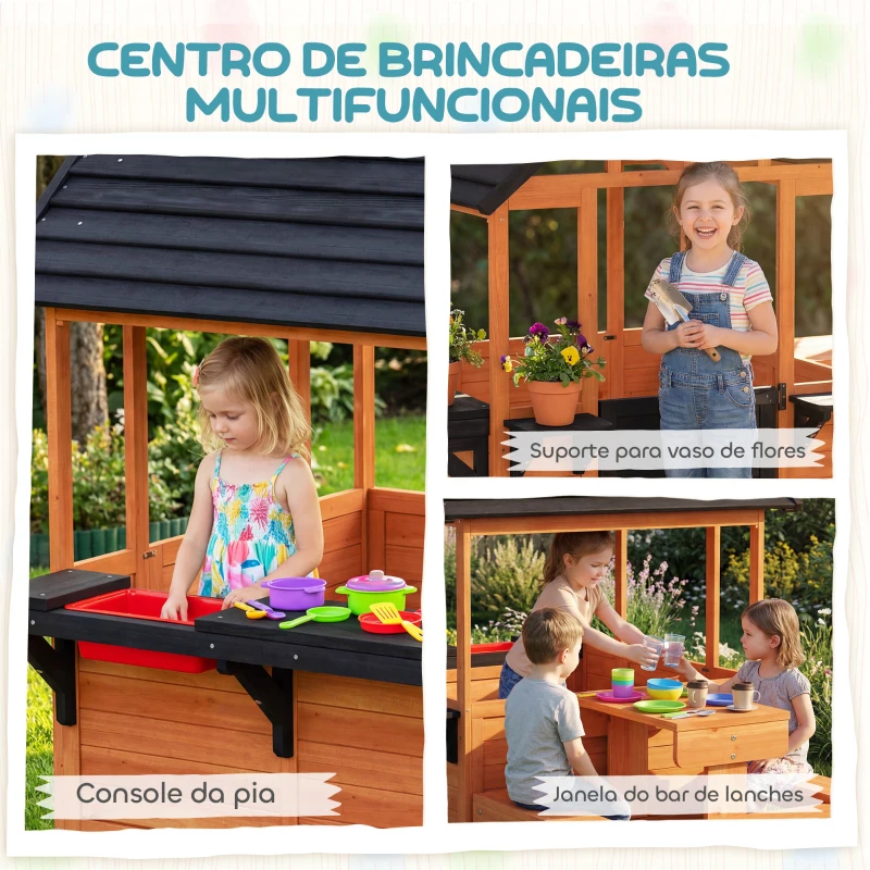 AIYAPLAY Casinha Infantil Exterior e Interior de Madeira com Barra de Snacks e Bancos Mesa Lateral Lavatório Floreiras Castanho Claro