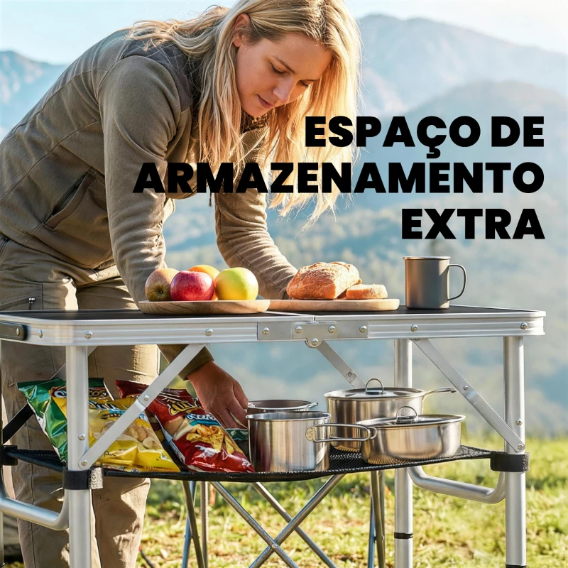Outsunny Mesa Dobrável de Campismo 60x40x60 cm com Altura Ajustável em 4 Níveis Rede de Armazenamento Estrutura de Alumínio Preto