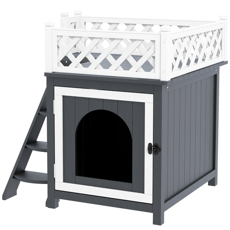 PawHut Wooden Cat House, Two-Floor Cat Shelter with Balcony, Stairs, Indoor Outdoor Small Pet Condo for Rabbits, Cats, Grey