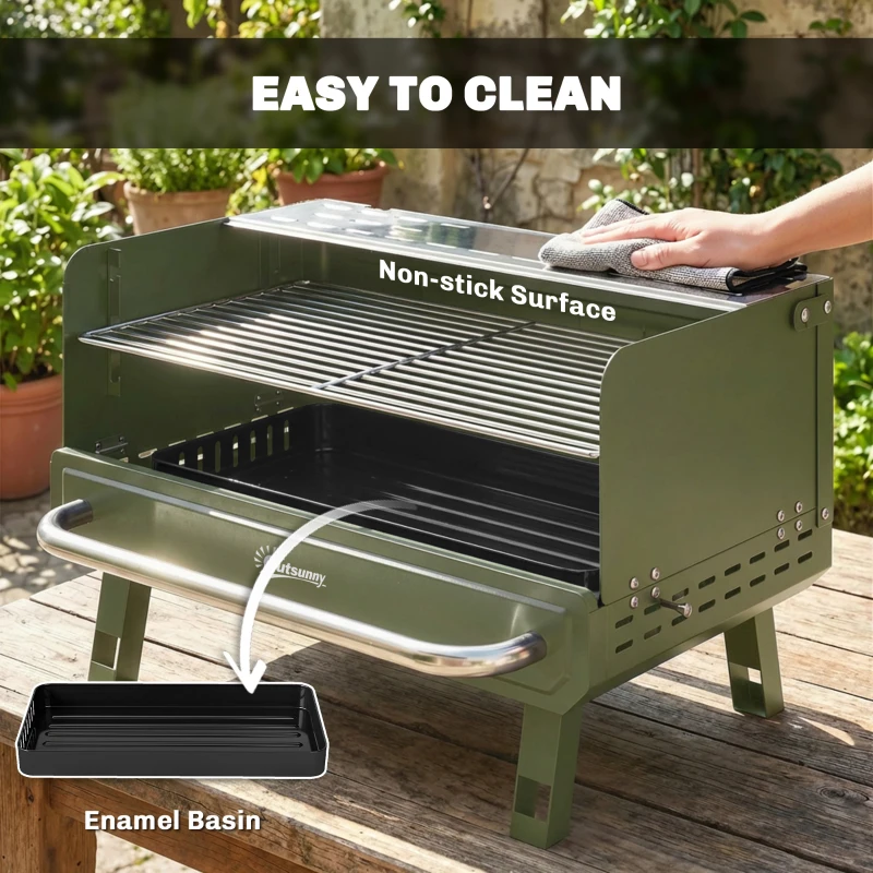 Outsunny Portable BBQ Grill, Charcoal Barbecue Grill with Adjustable Grates, Foldable Legs, Side Shelf for Camping Travel, Green