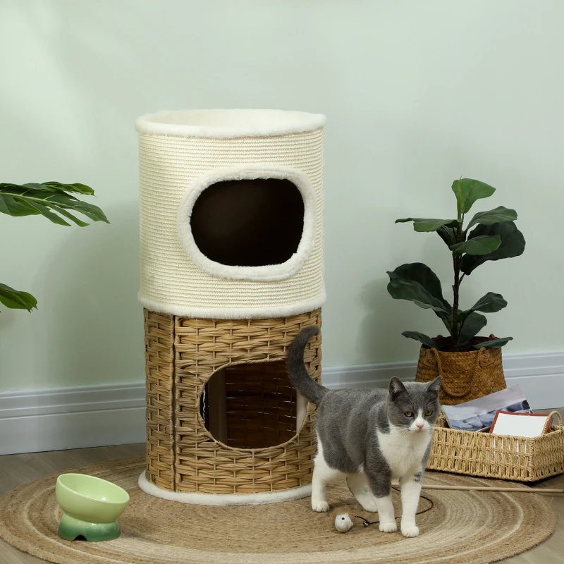 PawHut Cat Scratching Barrel, 3-Level Cat Tree Tower with Sisal Scratching Post, 2 Entrances, 80H cm, Cream