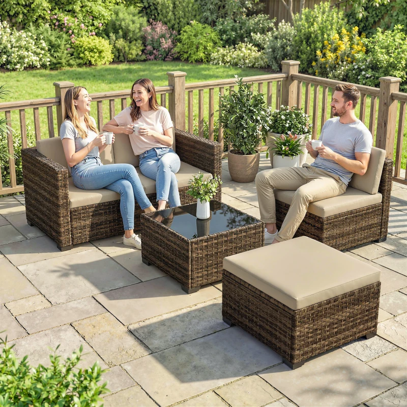 Outsunny Conjunto de Jardim em Vime de 5 Peças Inclui Almofadas 2 Poltronas de Canto Poltrona sem Braços Apoia-Pés e Mesa de Centro Cáqui