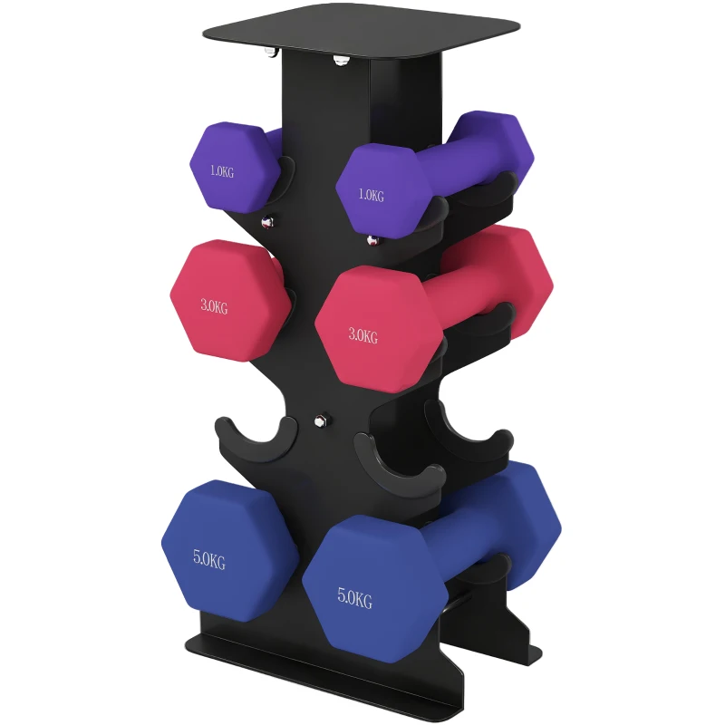 SPORTNOW Lot 3 haltères hexagonaux avec support, 2 x 1kg, 2 x 3kg, 2 x 5kg, poignées antidérapantes, fitness à domicile