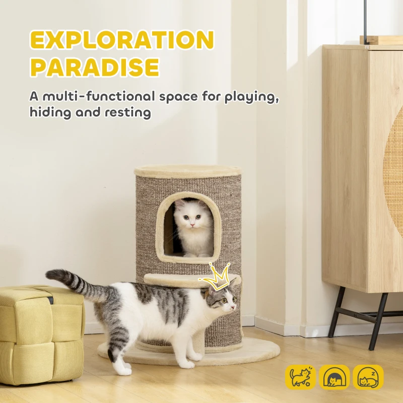 PawHut Cat Barrel 61H cm, 2-Level Small Cat Tree with Jumping Platform, 2 Caves, Sisal Scratching Exterior, for Lounging and Playing, Beige