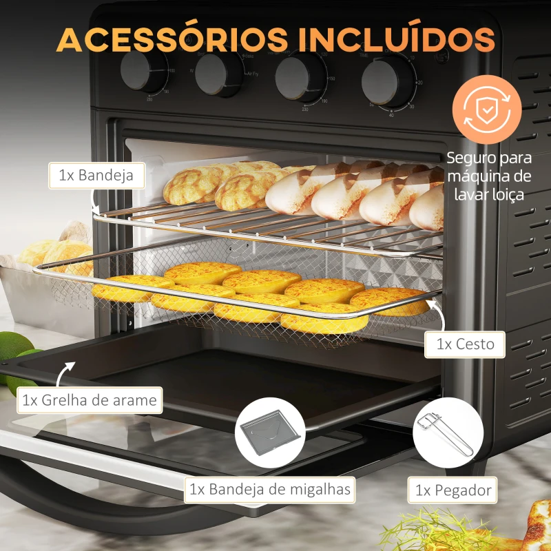 HOMCOM Mini Forno Elétrico 30L 1600W Mini Forno de Convecção com 7 Modos Temporizador e Temperatura Ajustável 43x39x39 cm Preto