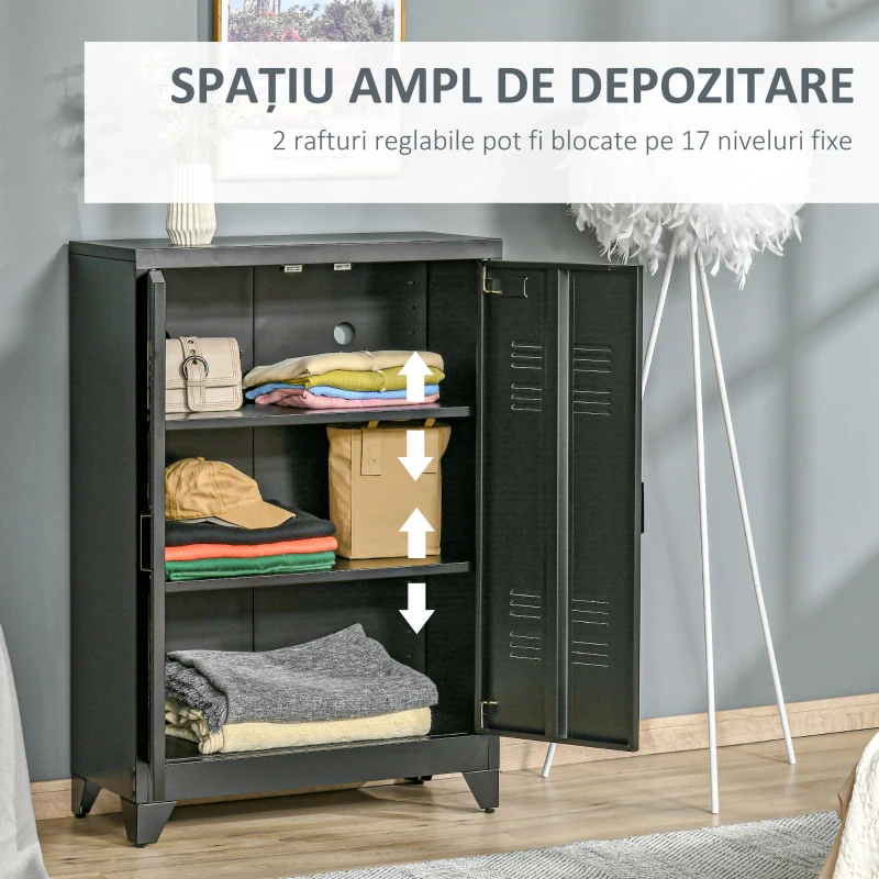 HOMCOM Dulapior Multifunctional cu 2 Usi Stil Industrial, Dulapior Metalic pentru Casa si Garaj - Gri