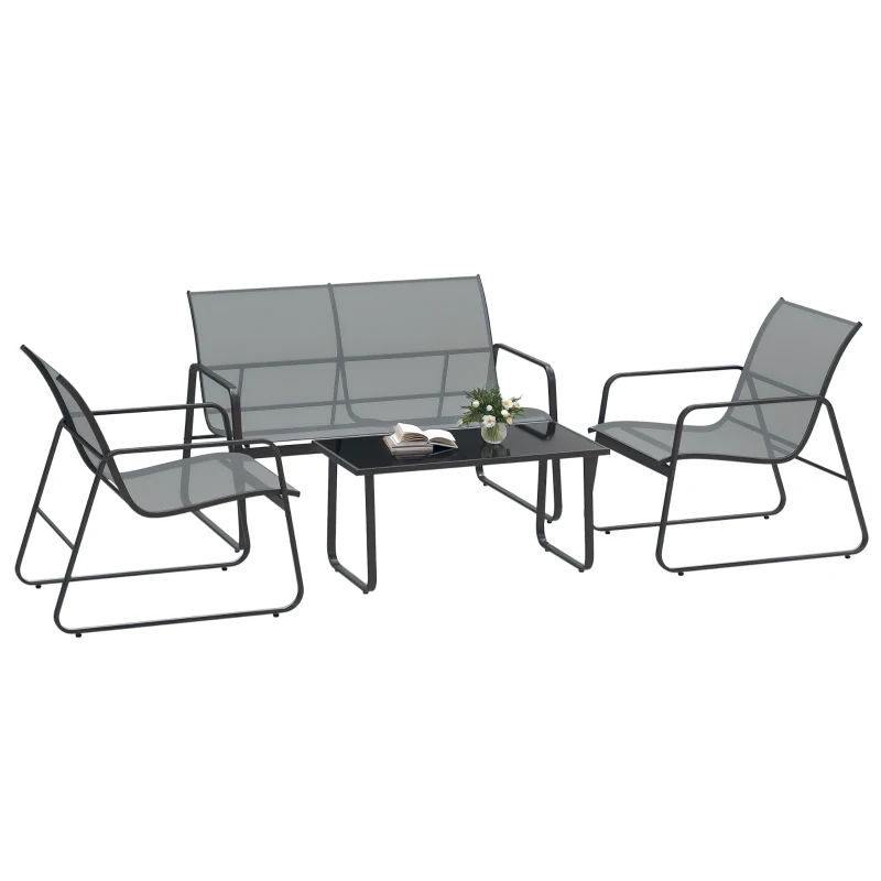 Outsunny Set Mobilier de Grădină din 4 Piese, cu Bancă de Exterior cu 2 Locuri, 2 Scaune și Măsuță de Cafea cu Blat din Sticlă Securizată, Set Mobilier de Exterior din Metal și Textilenă, Gri Deschis