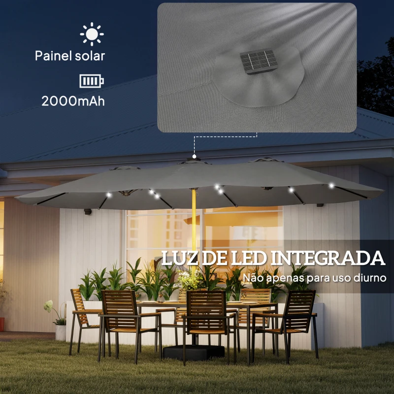Outsunny Chapéu de Sol Duplo com 48 Luzes LED 459x266x235 cm Base Incluida Manivela Sacos de Areia Cinzento