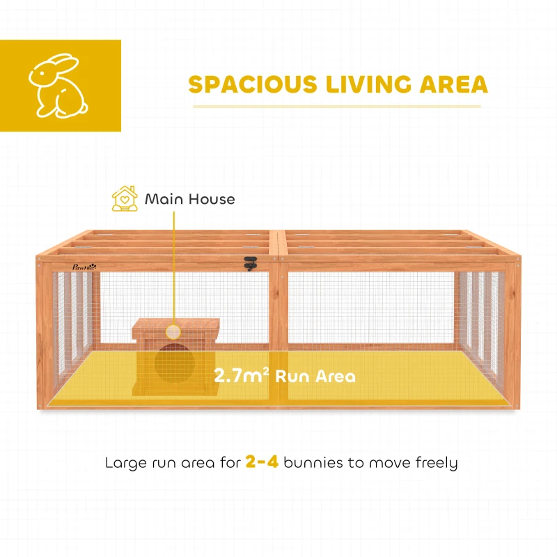 PawHut Konijnenhok met speelruimte van hout met opklapbaar dak deuren Schuilhuis voor 2-4 dwergkonijnen 180,4 x 150 x 48 cm Oranje