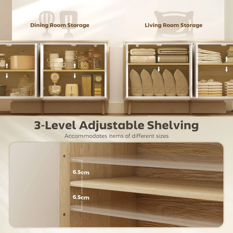 HOMCOM Bufet Modern cu 4 Uși și Raft Reglabil, 141x35x77 cm, Alb Lucios și Stejar