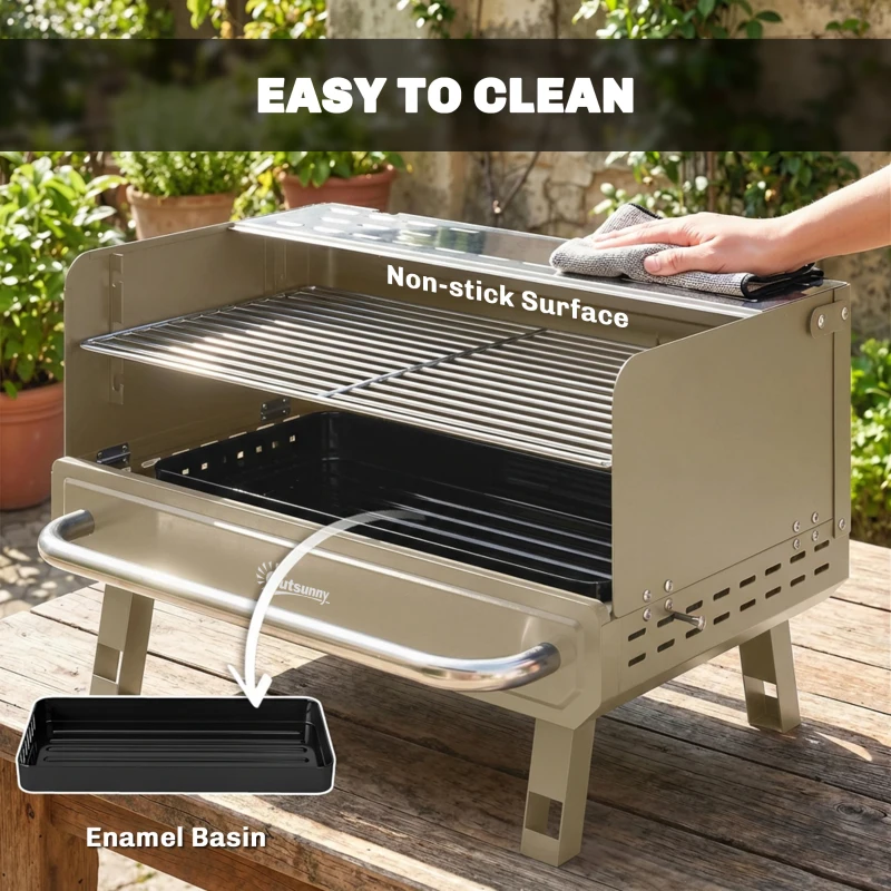 Outsunny Portable BBQ Grill, Charcoal Barbecue Grill with Adjustable Grates, Foldable Legs, Side Shelf for Camping Travel, Khaki