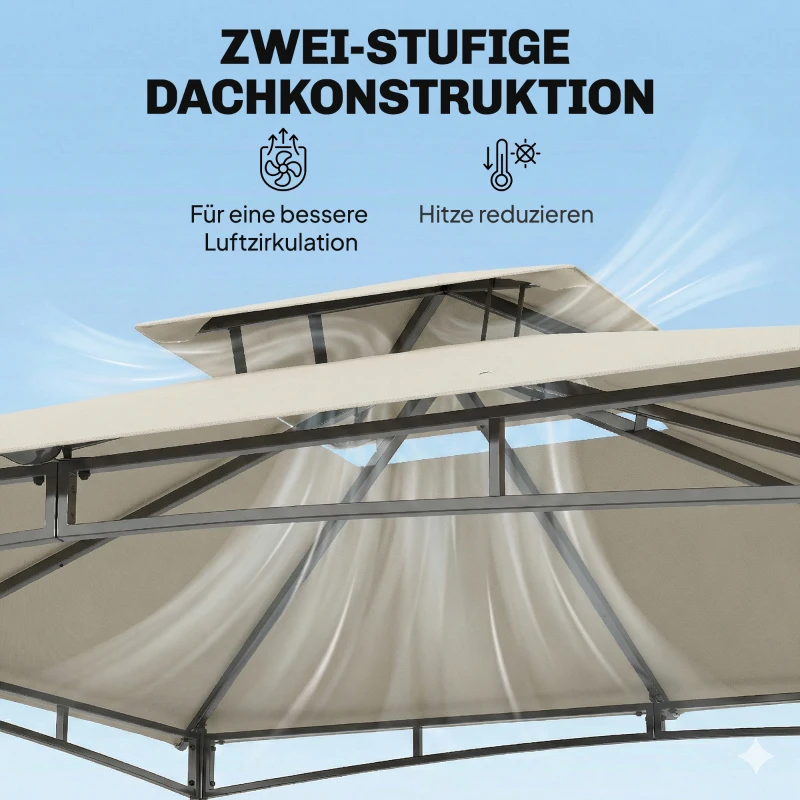 Outsunny Pavillon 3x3m Wasserabweisend Stabil Winterfest Gartenpavillon mit zurückziehbar Obenrahmen Doppeldach Cremeweiß