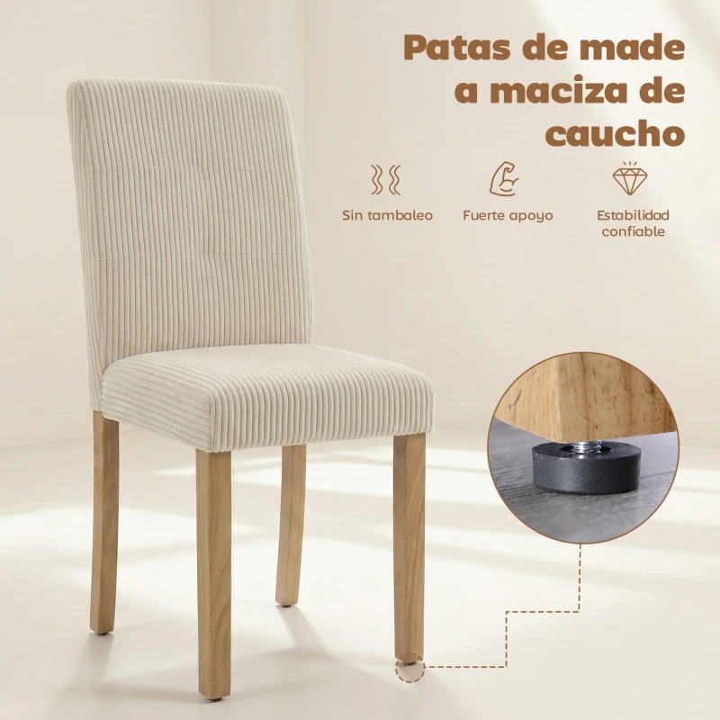 HOMCOM Pack de 4 Sillas de Comedor Respaldo Alto Tapizadas en Pana Asiento Acolchado Patas de Madera 44x56x90 cm Beige