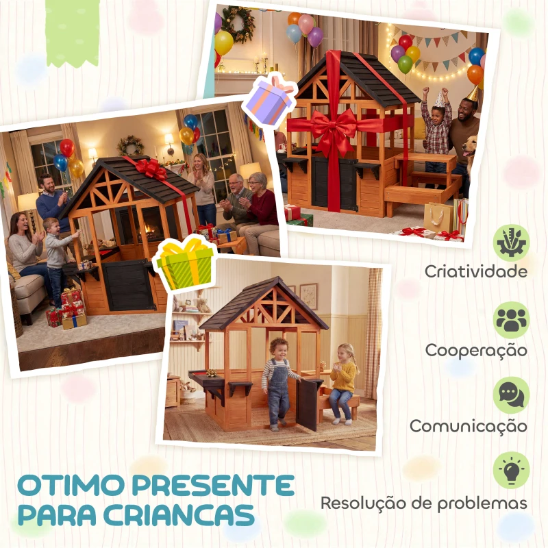 AIYAPLAY Casinha Infantil Exterior e Interior de Madeira com Barra de Snacks e Bancos Mesa Lateral Lavatório Floreiras Castanho Claro