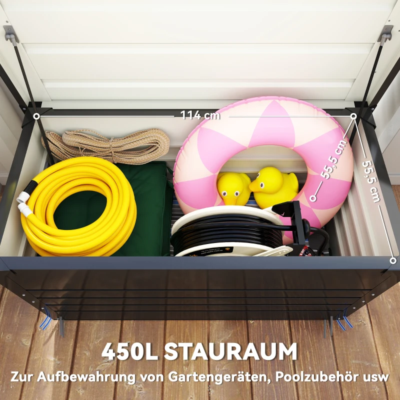Outsunny Gartenbox Metall 450L Kissenbox mit doppelwandig Deckel 120 x 61 x 62 cm Wasserdicht Abschließbar Grau