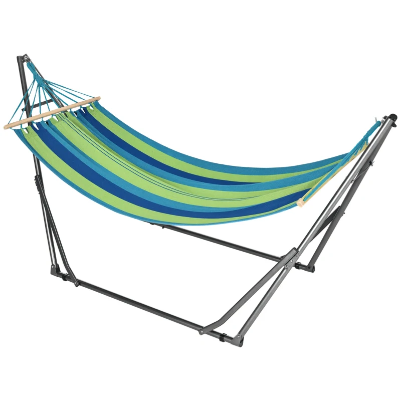 Outsunny Hamaca con Soporte Plegable 2 en 1 Tendedero con Barra Estructura de Acero para Jardín 270x100x94 cm Azul y Verde