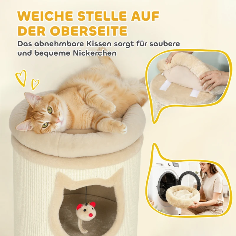PawHut Katzenkratzfass, 96 cm, 4-Ebenen-Katzenturm mit waschbarem Bett, 3 Schlafhöhlen, Hängespielzeug, für mehrere Katzen Grau