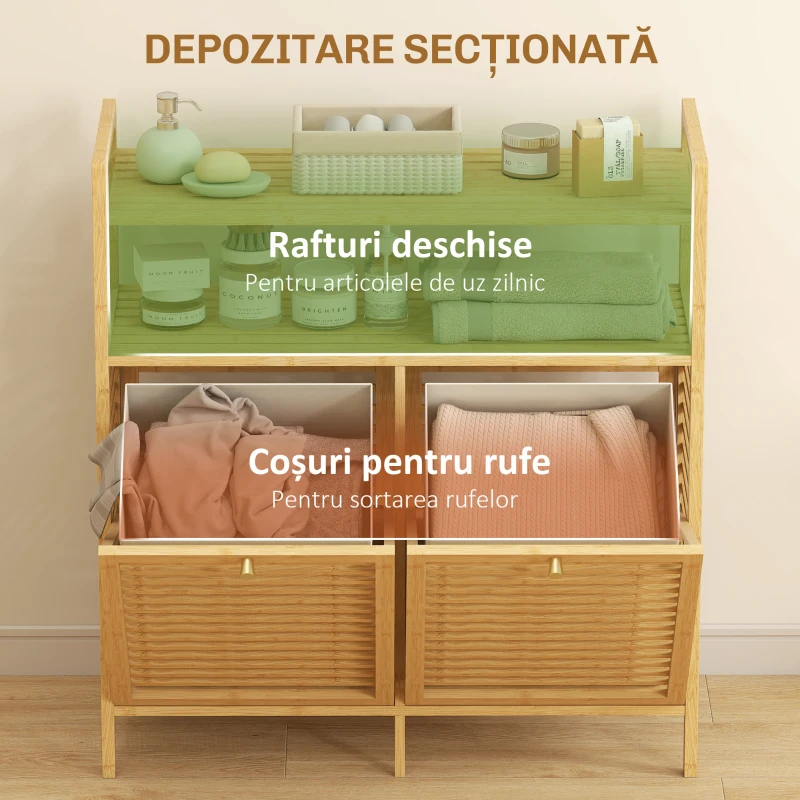 HOMCOM Dulap pentru rufe cu 2 coșuri de 41L și 2 rafturi, din bambus și poliester, 82x33x88 cm, culoare lemn și crem