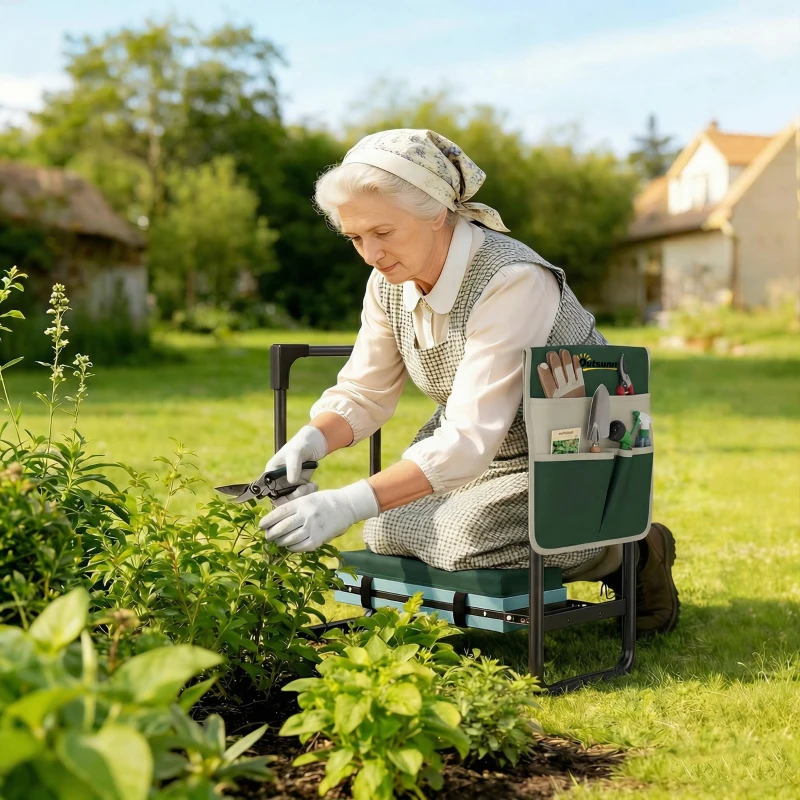 Outsunny Perna și scaun pentru genunchi de grădină, capacitate 150 kg, taburet de grădină cu zonă genunchi căptușită, picioare din oțel extensibile