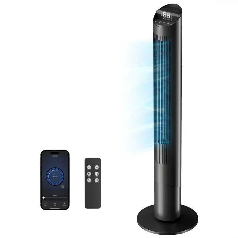 HOMCOM Tower Fan with WiFi App Control Standing Floor Cooling Fan Remote Control 101.8 cm Black
