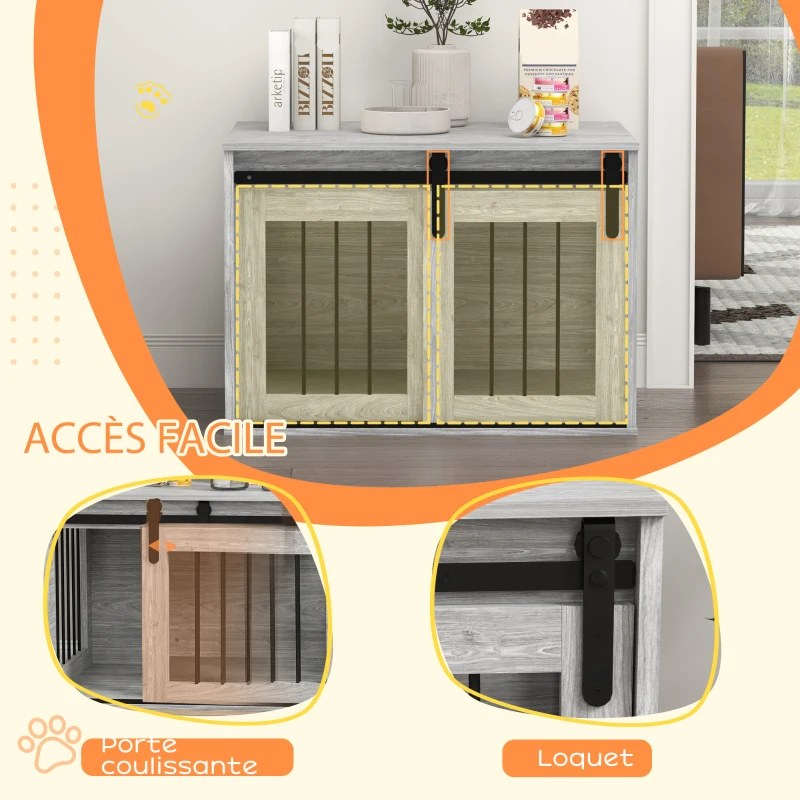 PawHut Cage caisse pour chien animaux intérieur porte coulissante, métal effet bois, dim. 57H x 80L x 54l cm