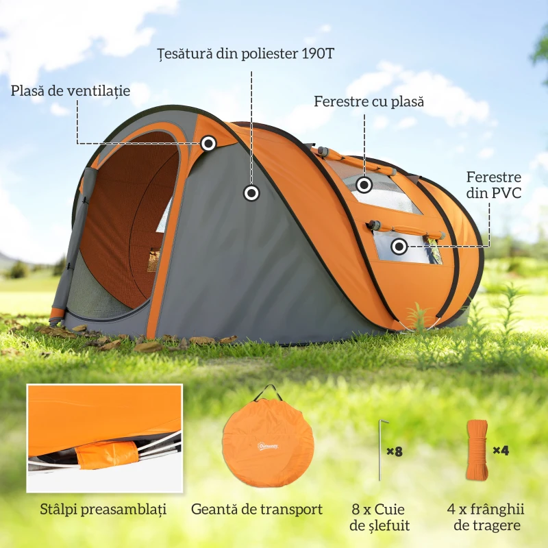Outsunny Cort de Camping Pop Up pentru 2 Persoane cu 2 Uși, 4 Ferestre și Înveliș Impermeabil, 263.5x220x123 cm, Verde