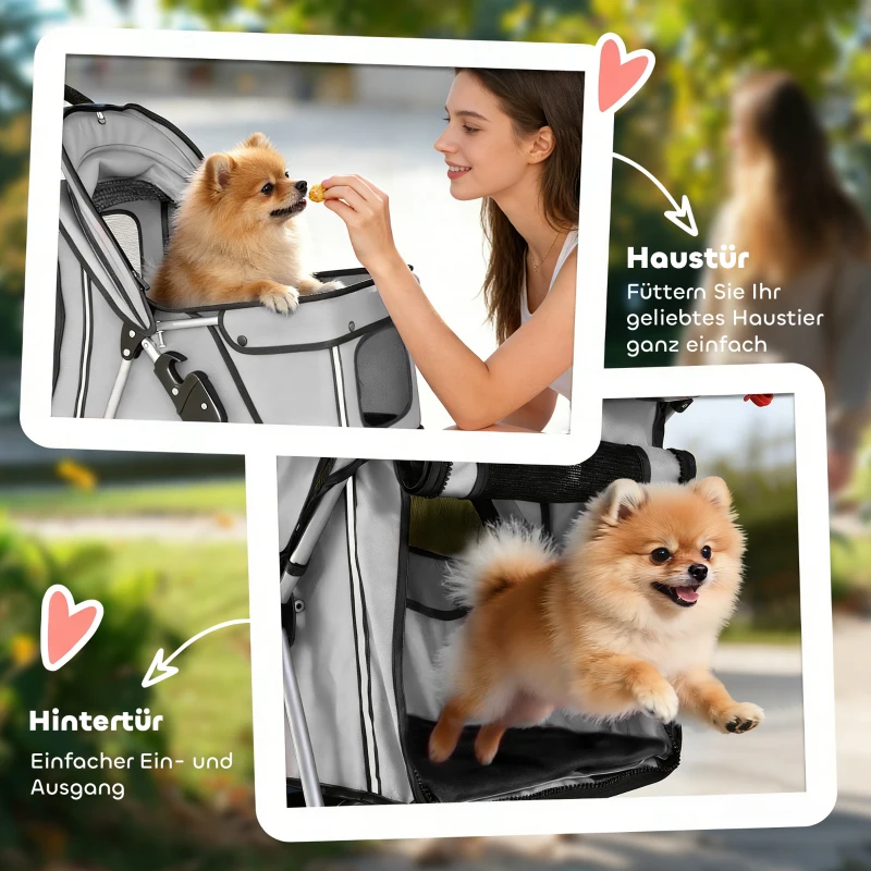 PawHut Hundewagen Hundebuggy Faltbar Katzenwagen bis 10kg mit Regenschutz Reflektorstreifen Aufbewahrungskorb 77x44x102cm Grau