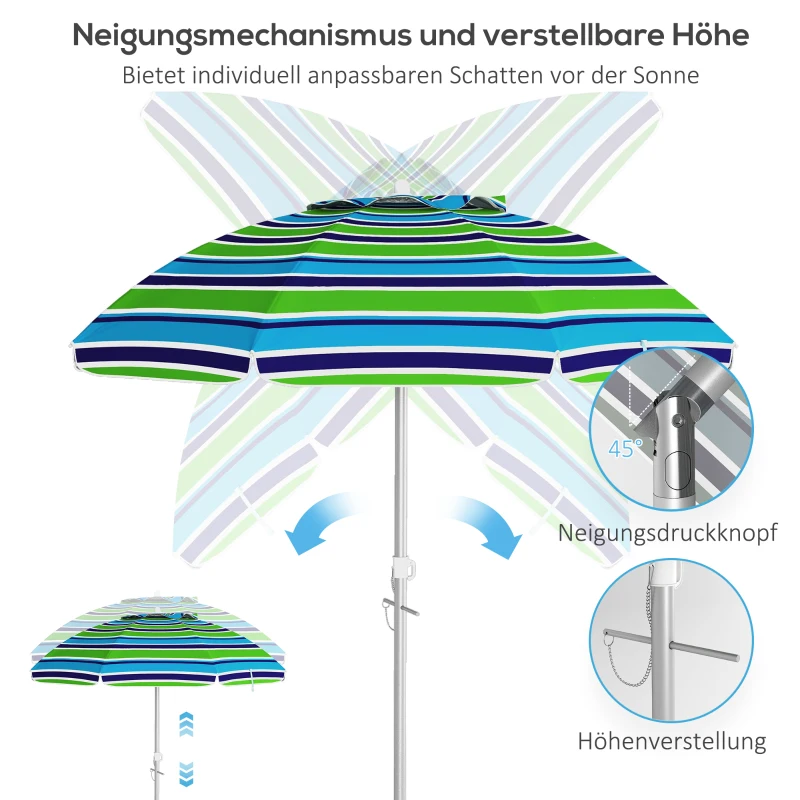 Outsunny Strandparasol Ø178 cm UV 40+ windbestendig stabiele parasol verstelbare hoogte met kantelfunctie ventilatie draagtas multicolor