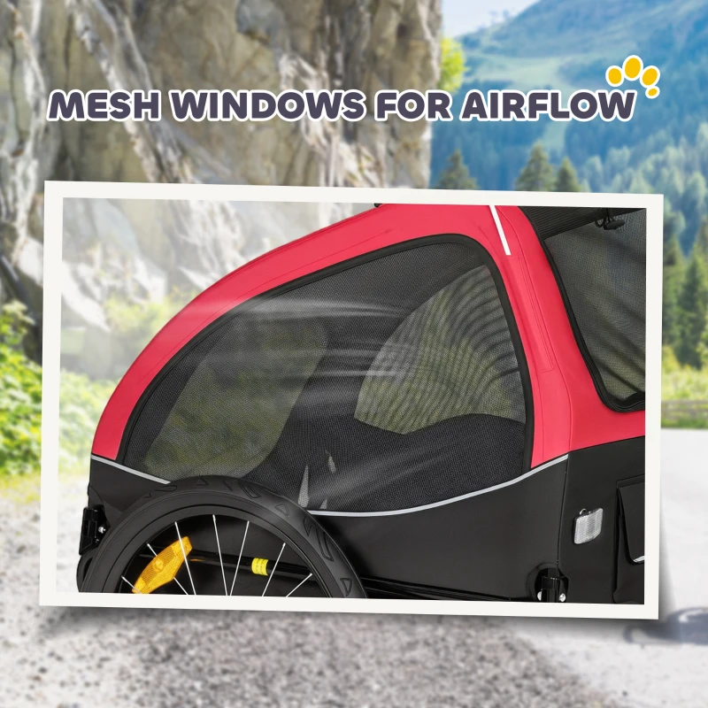 PawHut Przyczepka rowerowa składana z odblaskami oknami z siatki kołami drzwiami i chorągiewką, do 20 kg, 138x70x89 cm, czerwona