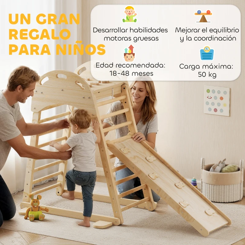AIYAPLAY 6 en 1 Triángulo de Escalada Montessori con Plataforma y Anillos Estructura de Escalada de Madera con Tobogán Natural