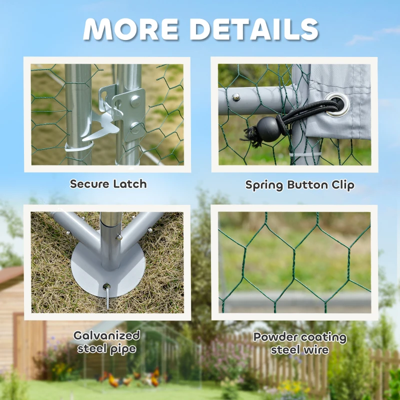 PawHut Kurnik z wodoodporną tkaniną odporną na UV, zamkiem bezpieczeństwa, dla 10-15 kur, stal, 3 x 3,4 x 1,9 m, srebrny