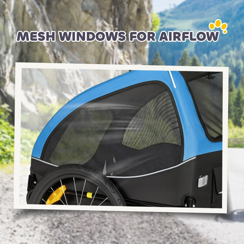 PawHut Przyczepka rowerowa dla psa, składana, z odblaskami, siatkowymi oknami, kołami, drzwiami, flagą bezpieczeństwa, dla psów do 20 kg, 138x70x89 cm, niebieska