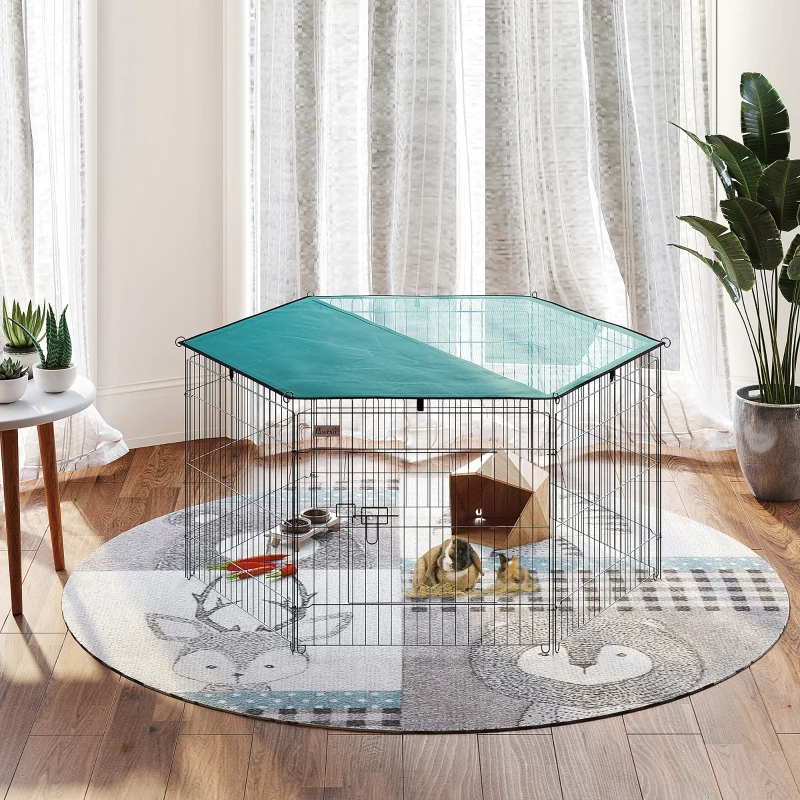 PawHut Parc pour chien, enclos chien 6 panneaux avec toit, modulable et pliable, enclos portable 60H cm avec porte, clôture pour chat, chiens de petit taille, intérieur et extérieur, argent, vert