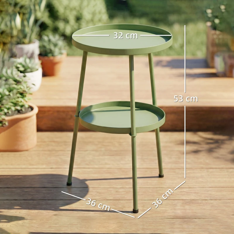 Outsunny Patio Side Table, 2-Tier Round Coffee End Table for Garden Balcony Living Room Bedroom, Light Green