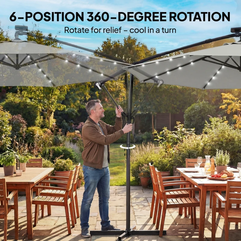 Outsunny Parasol ogrodowy LED solar Ø300 cm, obrotowy, z korbą, stojakiem i pokrowcem, jasnoszary