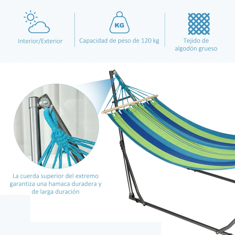 Outsunny Hamaca con Soporte Plegable 2 en 1 Tendedero con Barra Estructura de Acero para Jardín 270x100x94 cm Azul y Verde