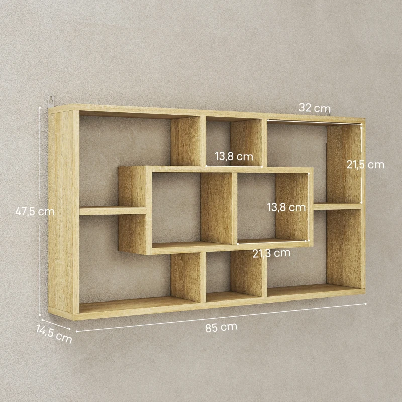 HOMCOM Estante de Pared Decorativo Estantería para Libro, CDs con 8 Cubos 85x14,5x47,5 cm Roble