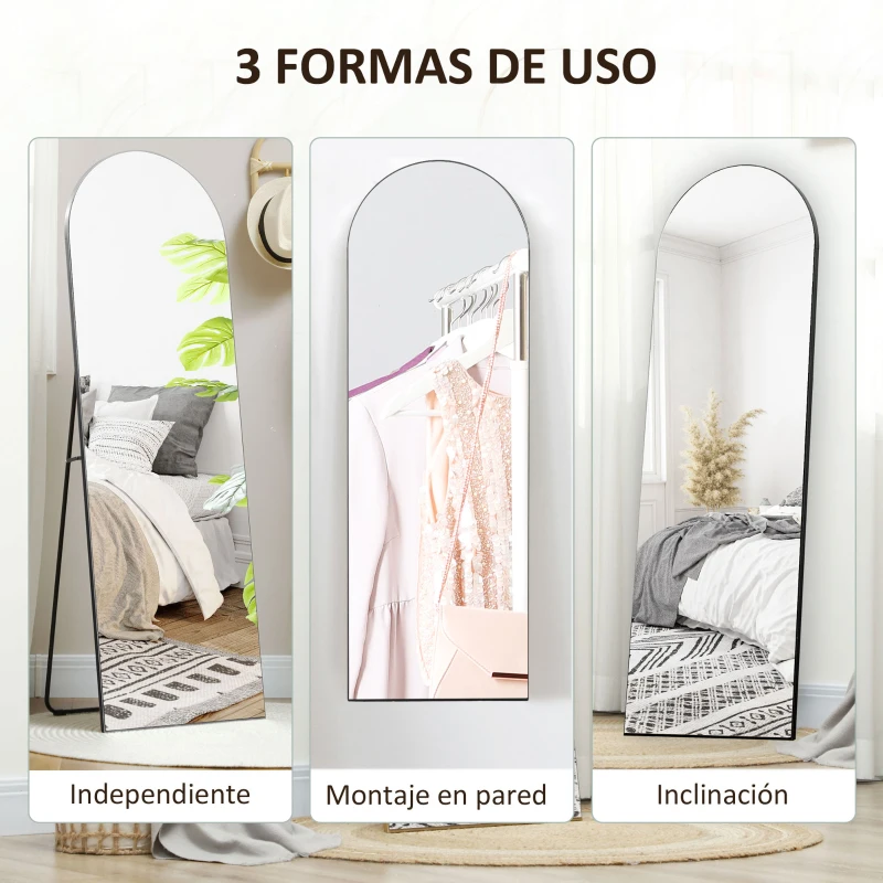 HOMCOM Espejo de Pie Cuerpo Entero Arqueado 150x50 cm Independiente Apoyado y de Pared Sin Marco Negro