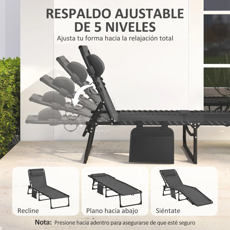 Outsunny Tumbona Plegable con Respaldo Ajustable Reposacabezas Acolchado y Estructura de Acero para Exterior 189x58x30 cm Negro