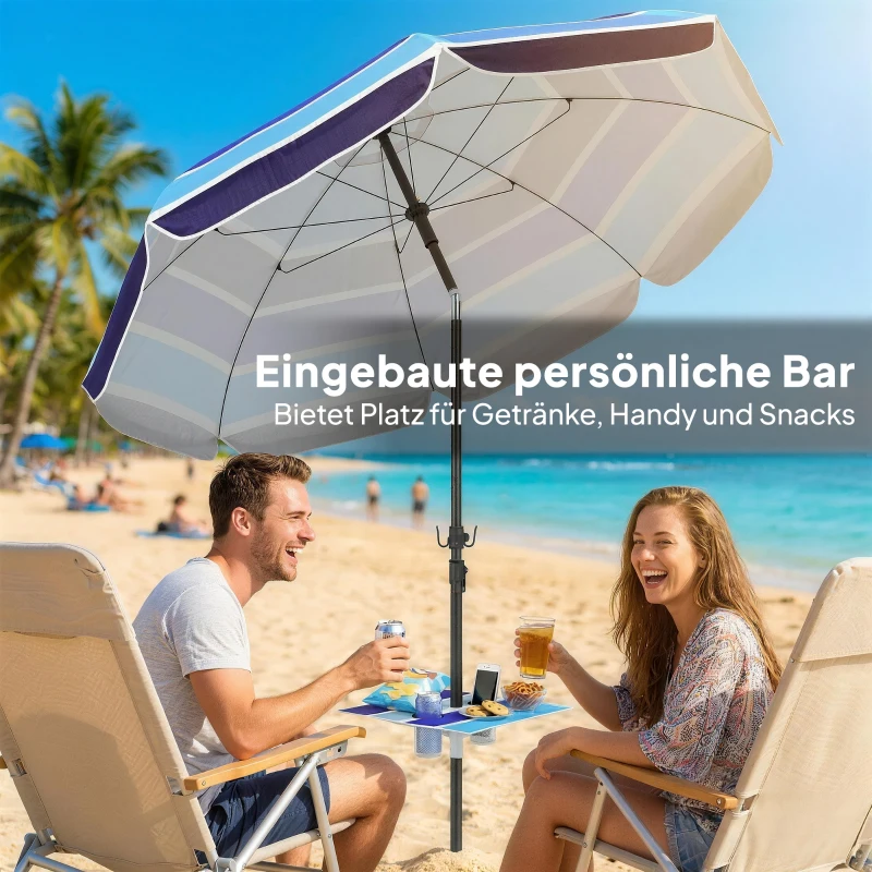 Outsunny Strandparasol Ø198 cm UV30+ met Opklapbare Tafel, Bekerhouders en Verstelbare Kanteling - Multicolor