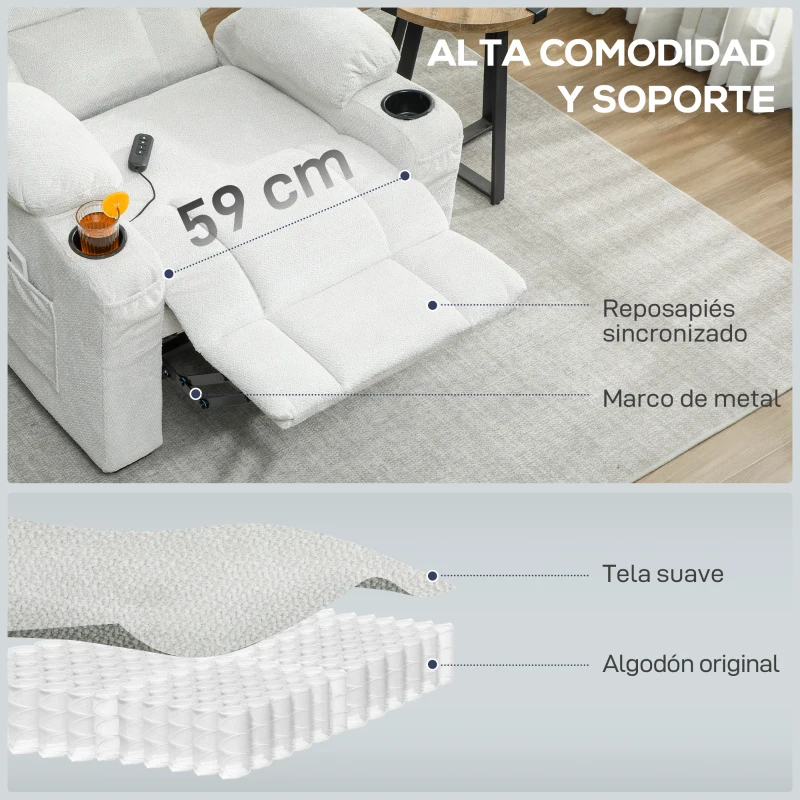 HOMCOM Sillón Relax Reclinable Eléctrico Silencioso con Función Memoria Reposapiés Mando a Distancia Bolsillos Laterales Crema