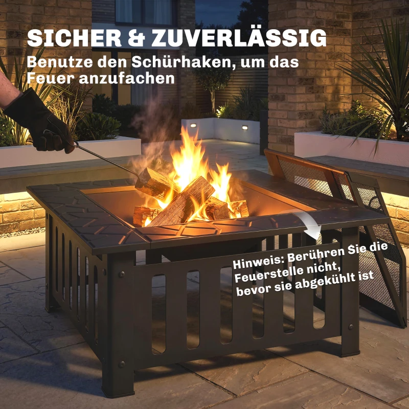 Outsunny Vuurschaal van Staal - Vuurkorf met Vonkenscherm en Pook - Voor Outdoor BBQ of Camping - 67x67x47cm - Zwart