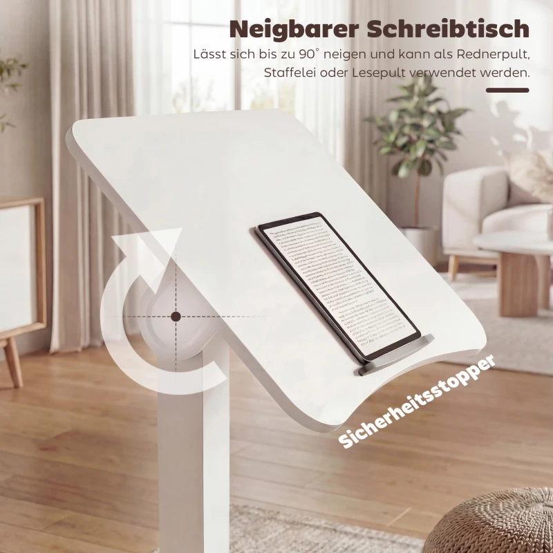 HOMCOM Höhenverstellbarer Stehschreibtisch, Rollbarer Schreibtisch mit neigbarer Tischplatte, Sicherheitsstopper, Rollen, Weiß