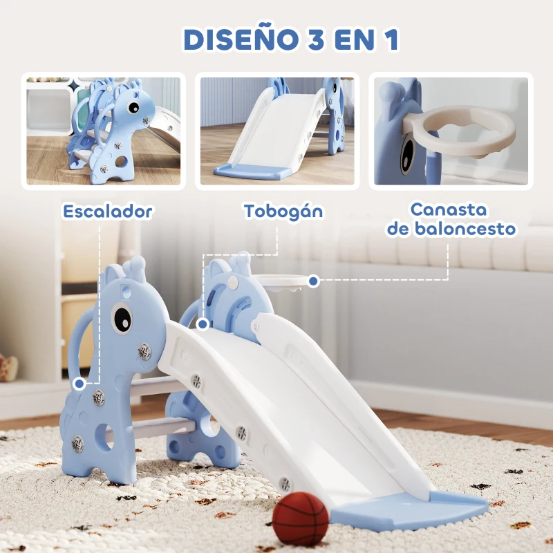 AIYAPLAY Tobogán Infantil 3 en 1 para Niños 1-3 Años con Escalera Canasta de Baloncesto y Diseño de Jirafa 106x51,5x52 cm Azul