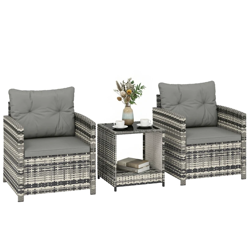 Outsunny Rattan Bistro Set, 3 Piece Garden Furniture Set with 2 Tier Glass Top Table and Cushions, Mixed Grey