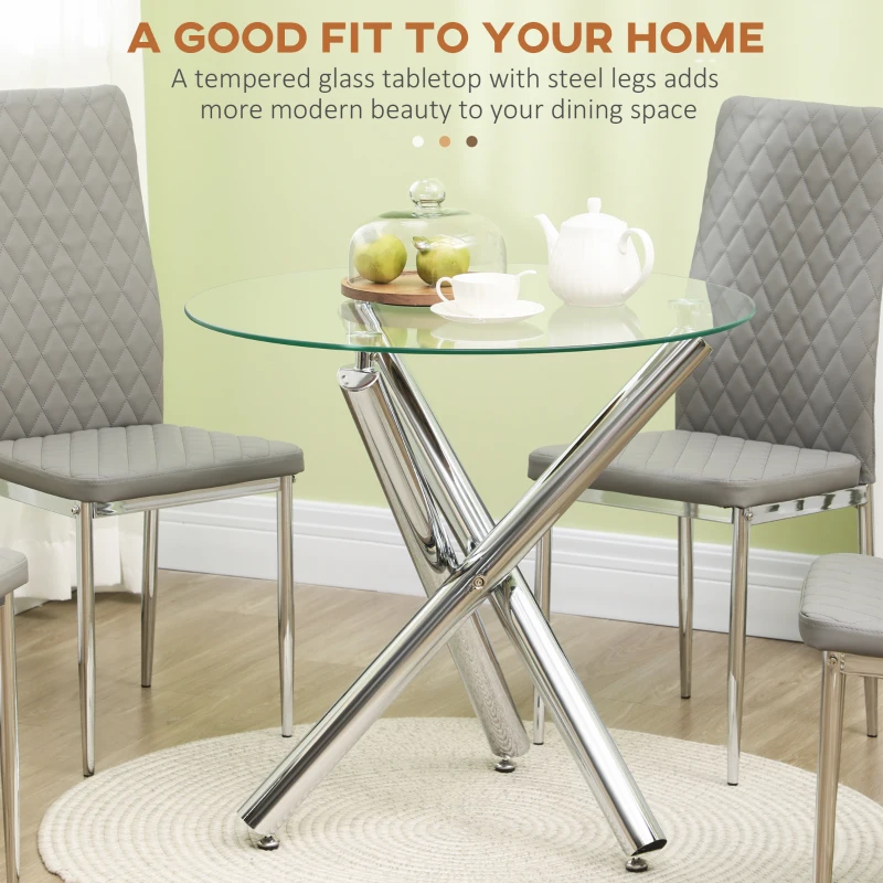 HOMCOM Stół jadalniany, okrągła płyta ze szkła hartowanego, bezramowy design, dla 2-4 osób, nogi ze stali, 80 x 80 x 74 cm