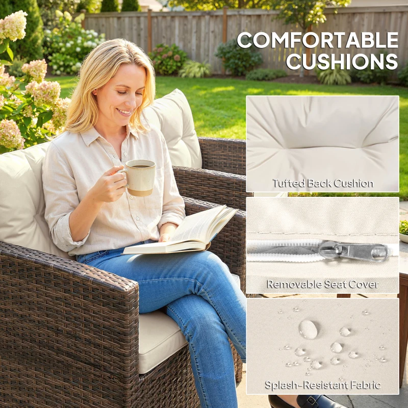 Outsunny Rattan Bistro Set, 3 Piece Garden Furniture Set with 2 Tier Glass Top Table and Cushions, Mixed Brown