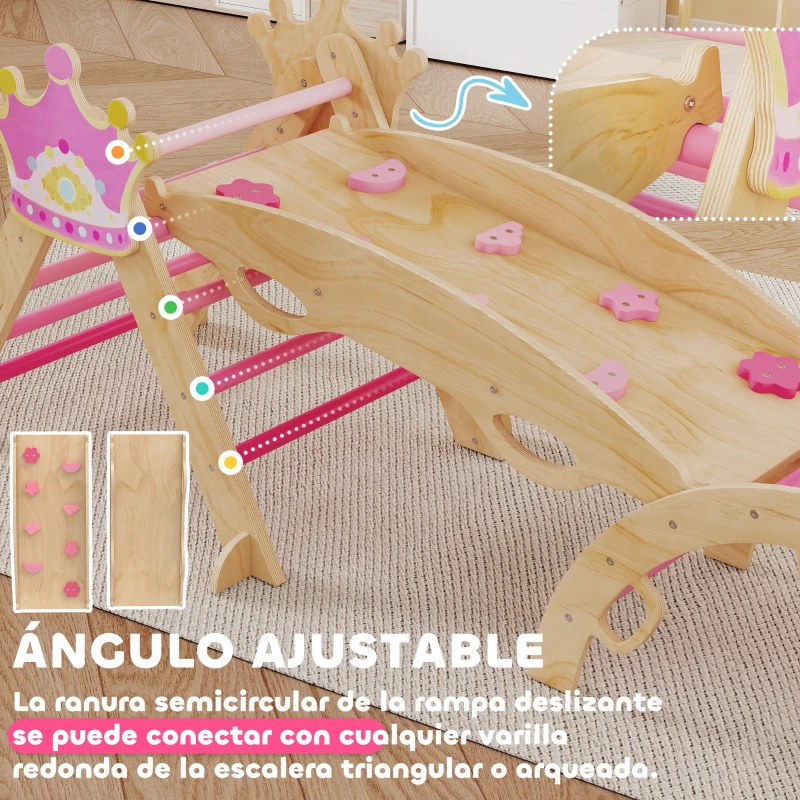 AIYAPLAY 8 en 1 Triángulo de Escalada de Madera Estructura de Escalada Montessori Tema de Corona con Arco y Rampa Rosa