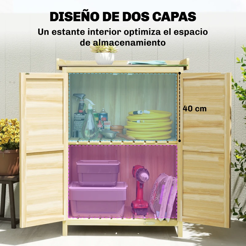 Outsunny Cobertizo de Jardín Exterior de Madera con Techo de Metal y Ganchos para Almacenaje Herramientas 71,5x39x95 cm Natural
