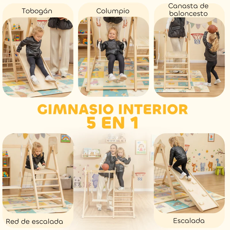 AIYAPLAY Tobogán Infantil 5 en 1 Estructura de Escalada con Tobogán Columpio Aro de Baloncesto Tabla Red de Escalada Natural